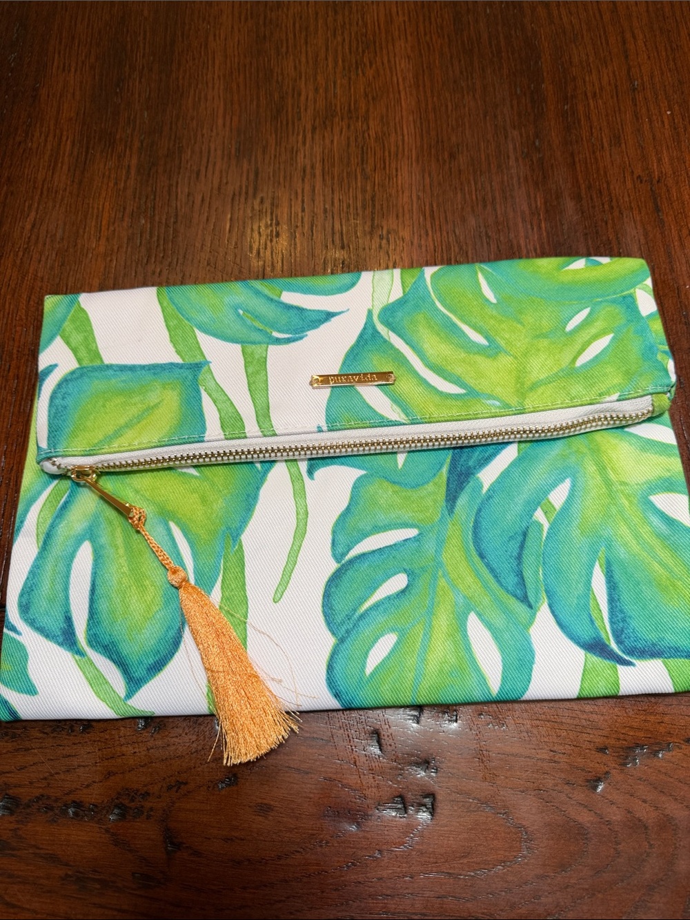 Pura Vida Blue Green Monstera Leaf Foldover Clutch with Tassel